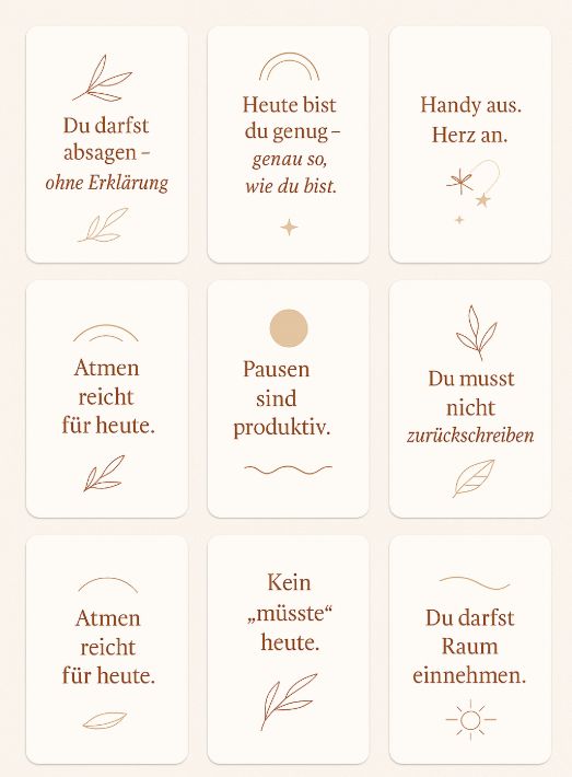 Affirmationskarten_sehr natürlich gehalten. Einfache Symbole und kurze Texte, die in Zeiten der Trauer helfen.