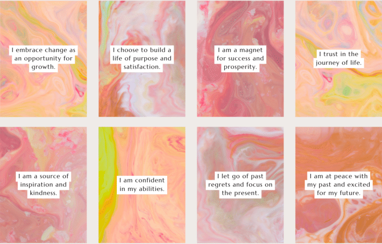Bunte Affirmationskarten mit weißen Text, die in Zeiten der Trauer helfen.