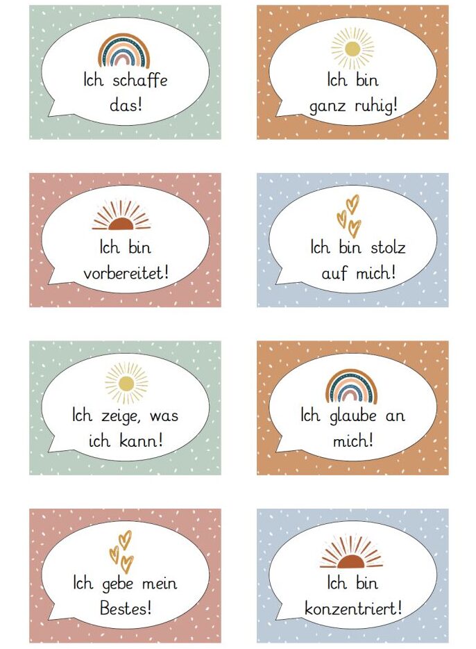 Affirmationskärtchen mit einfachen, aussagekräftigen Symbolen und Texten