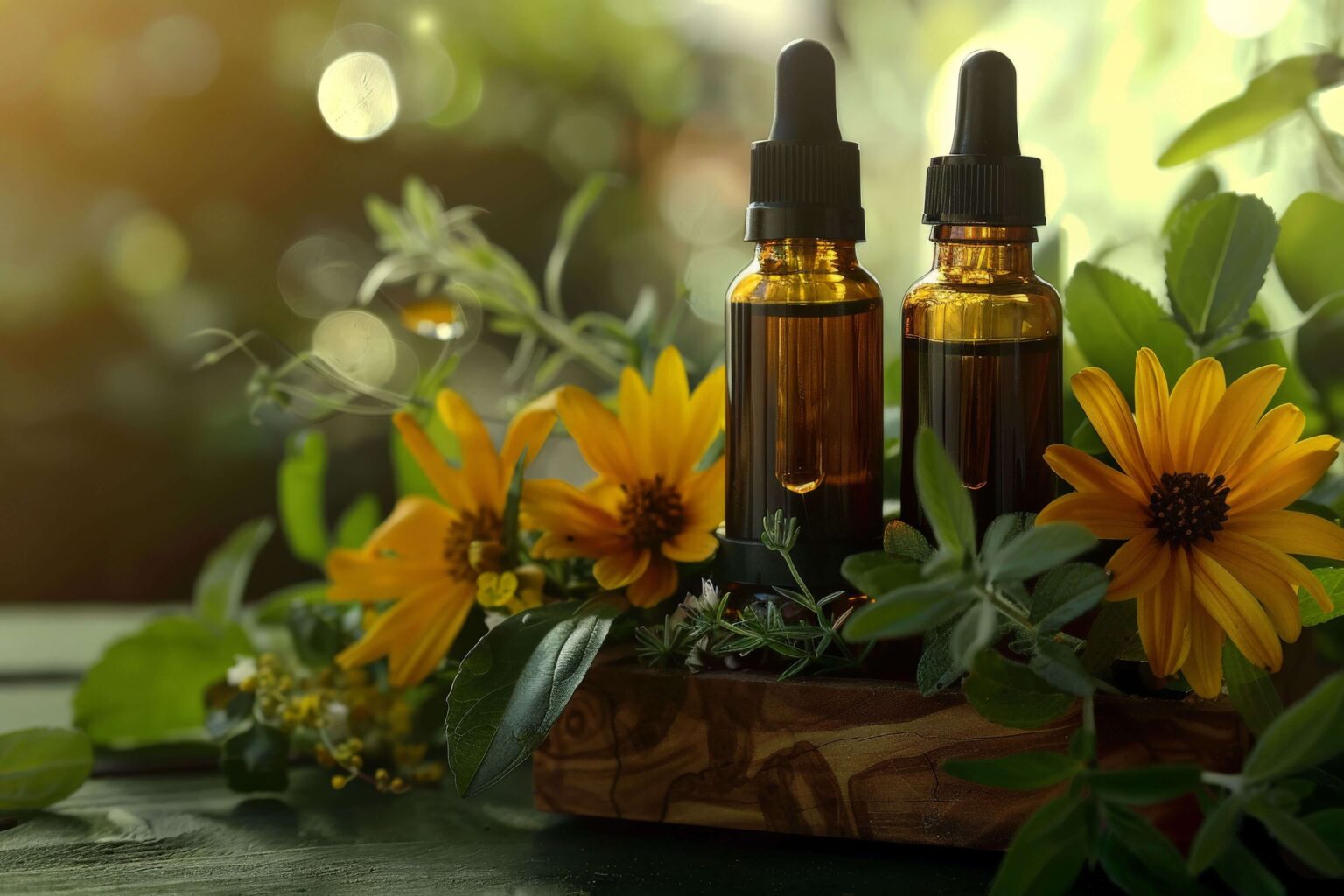 Zwei Bachblütenflaschen mit Blumen